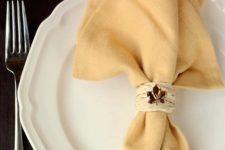 DIY raffia and rhinestone leaf charms napkin rings