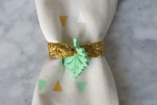 DIY pastel clay leaf and gold glitter napkin rings
