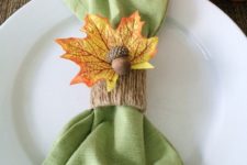 DIY rustic twine napkin rings with leaves and acorns