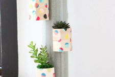 DIY magnetic hexagon planters with colorful paper circles