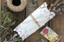 DIY dried herb fire starter with a doily wrap