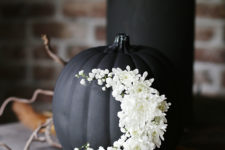 DIY fresh floral moon pumpkin in black and white