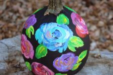 DIY black pumpkin with bright painted flowers