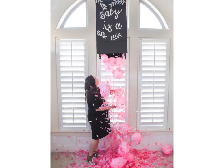 DIY gender reveal box attached to the ceiling (via www.fun365.orientaltrading.com)