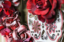 DIY deep red sugar skull wreath with fake flowers