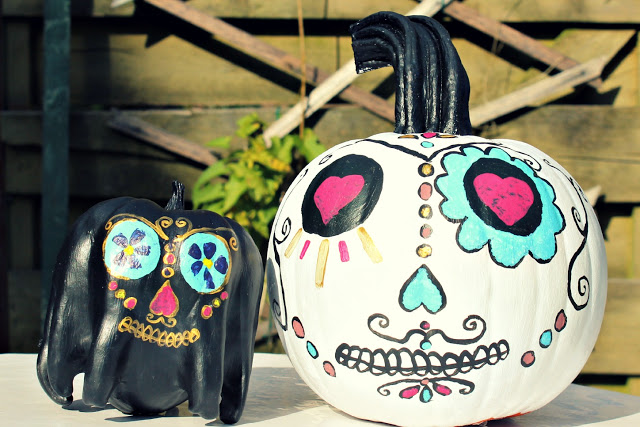 DIY sugar skull painted pumpkins and black pumpkins
