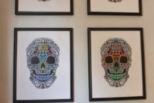 DIY colorful sugar skull artworks of printed black and white skulls