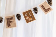 DIY Thanksgiving pinecone banner of colorful fabric