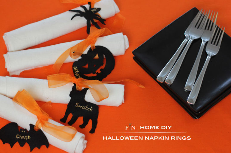 DIY personalized Halloween napkin rings of ribbon and felt charms (via www.moodfabrics.com)