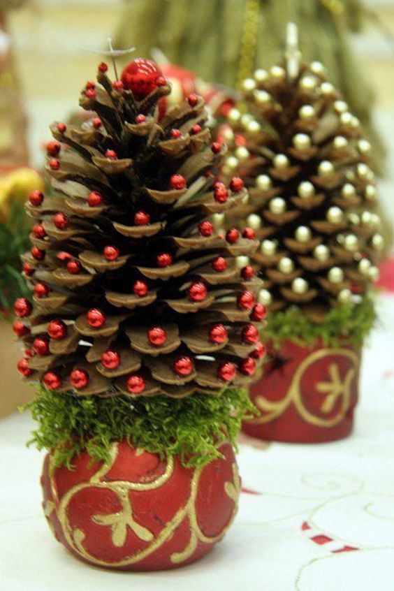 pinecone Christmas trees with colorful beads glued on and in small colorful pots