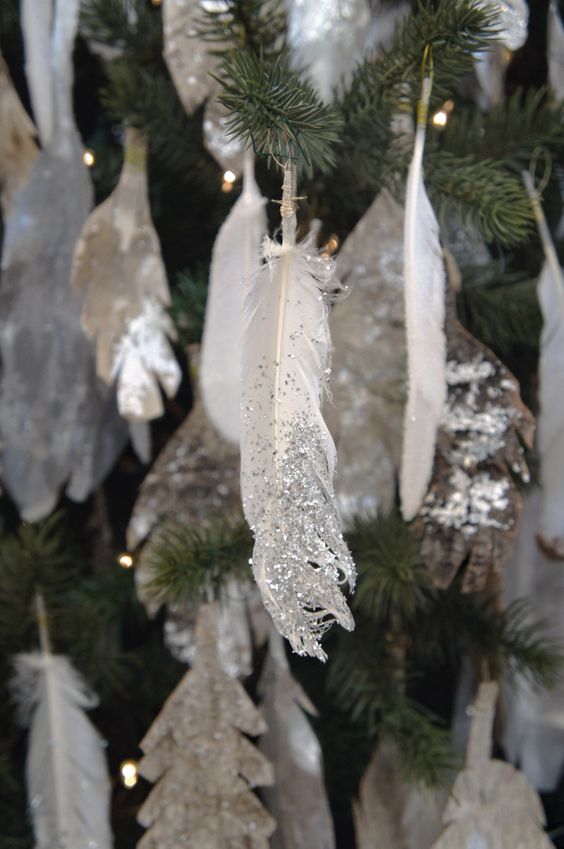 feather Christmas ornaments with silver glitter is a cute and simple idea