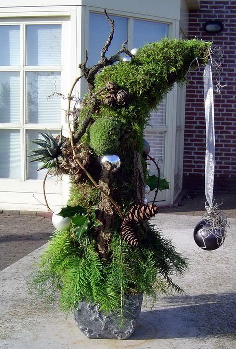 a Grinch-inspired Christmas tree of moss, a stump, branches, with evergreens, pinecones, ornaments and succulents for outdoors