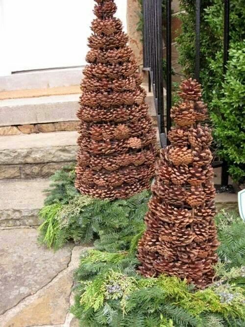 place pinecone Christmas trees outside on evergreens for a natural or rustic feel