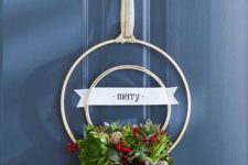 DIY double embroidery hoop wreath with fake succulents and berries