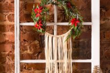 DIY embroidery hoop and fake greenery and fringe wreath for Christmas