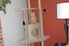 DIY carpet and jute covered cat tree with a house