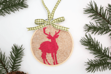 DIY rustic burlap, red and green embroidery Christmas ornament