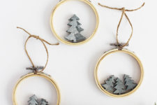 DIY embroidery hoop and faux concrete trees Christmas ornaments