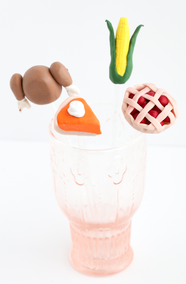 DIY Thanksgiving drink toppers of clay   a turkey, a pie, corn