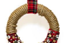 DIY Christmas jingle bell wreath with gold rope and plaid ribbon