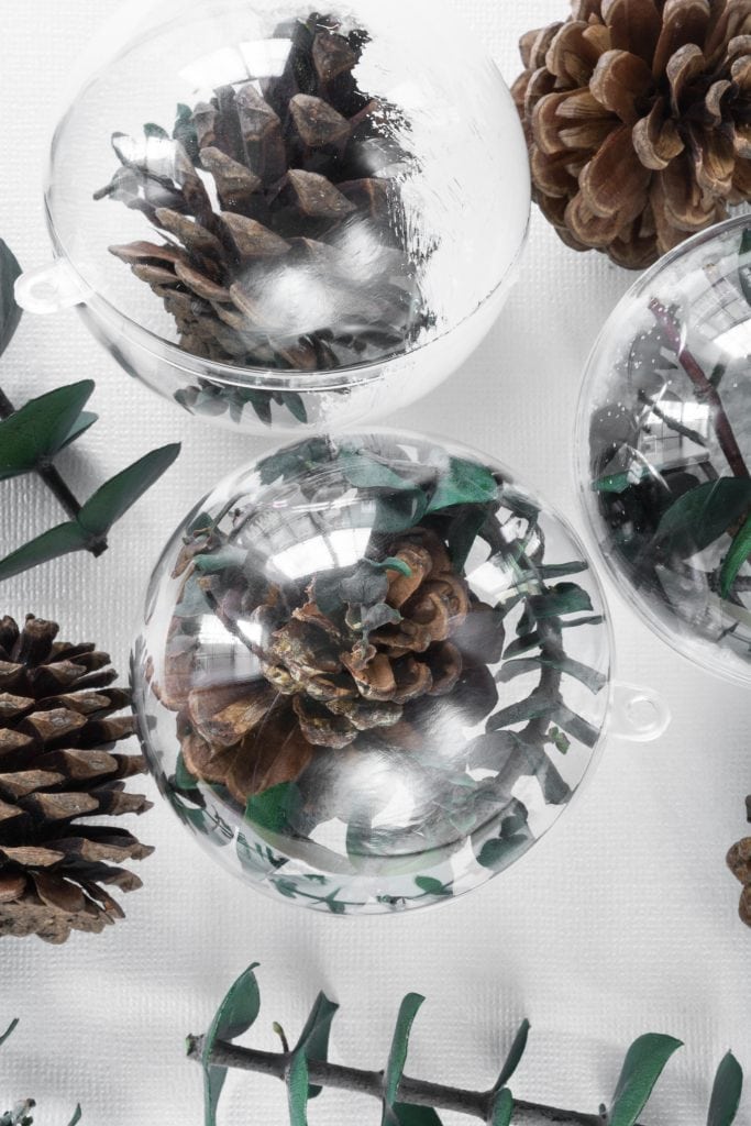 DIY clear Christmas ornaments with greenery and pinecones (via www.bybrittanygoldwyn.com)