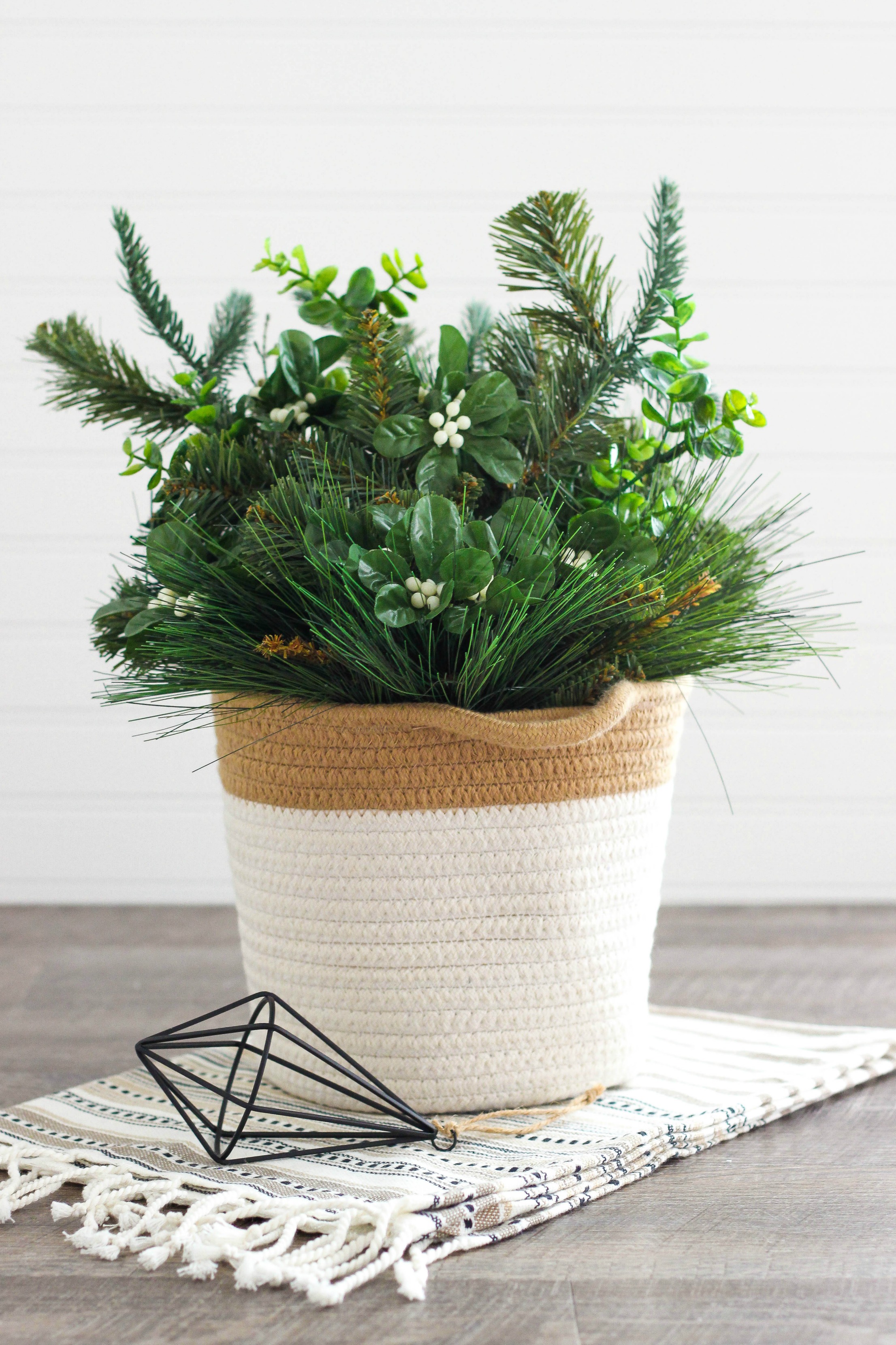 DIY fresh greenery, berries and evergreens arrangement for Christmas