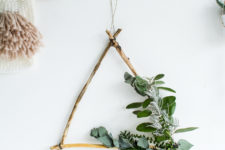 DIY foraged tirangle Christmas wreath with fresh greenery