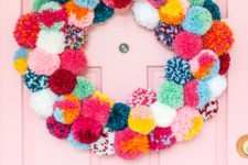 DIY colorful pompom Christmas wreath