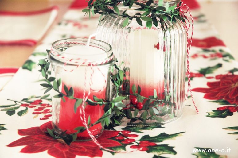 DIY ombre red candle lantern centerpiece for Christmas (via www.one-o.it)