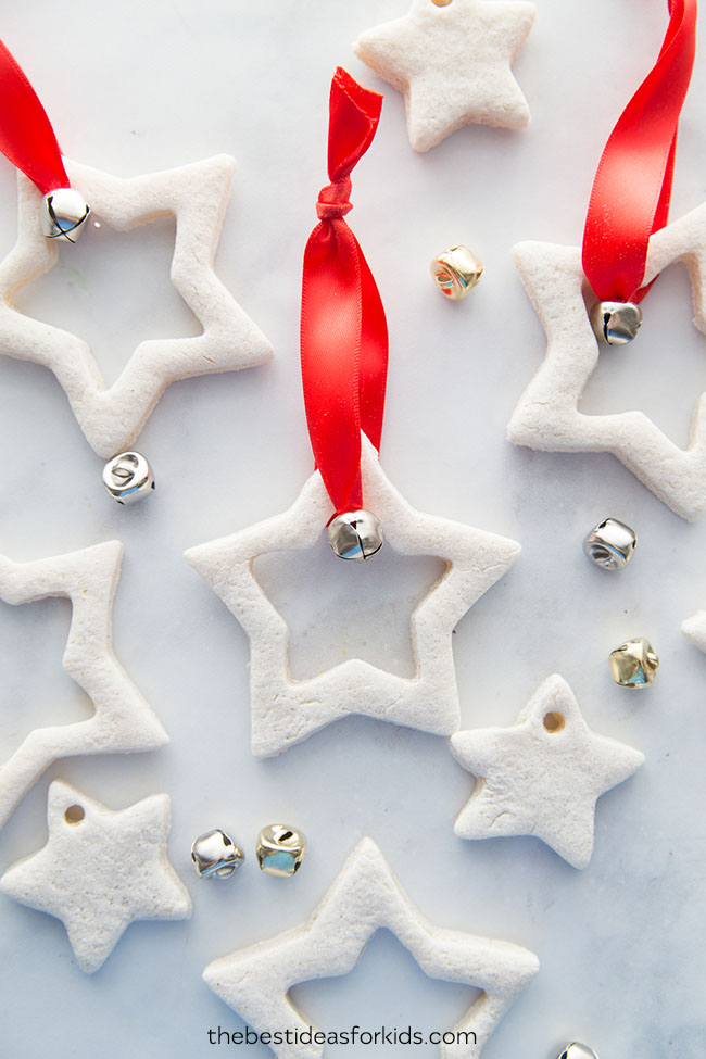 DIY salt dough star Christmas ornaments with jingle bells