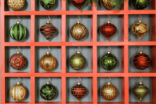 DIY large Christmas ornament display with lots of ornaments