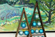 DIY dark stained A-framed Christmas tree with glitter ornaments