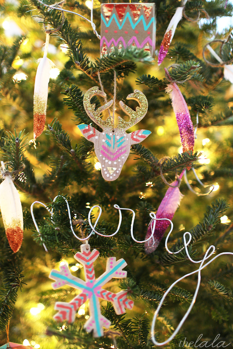 DIY hand-painted boho chic Christmas ornaments in bold colors (via thelala.com)