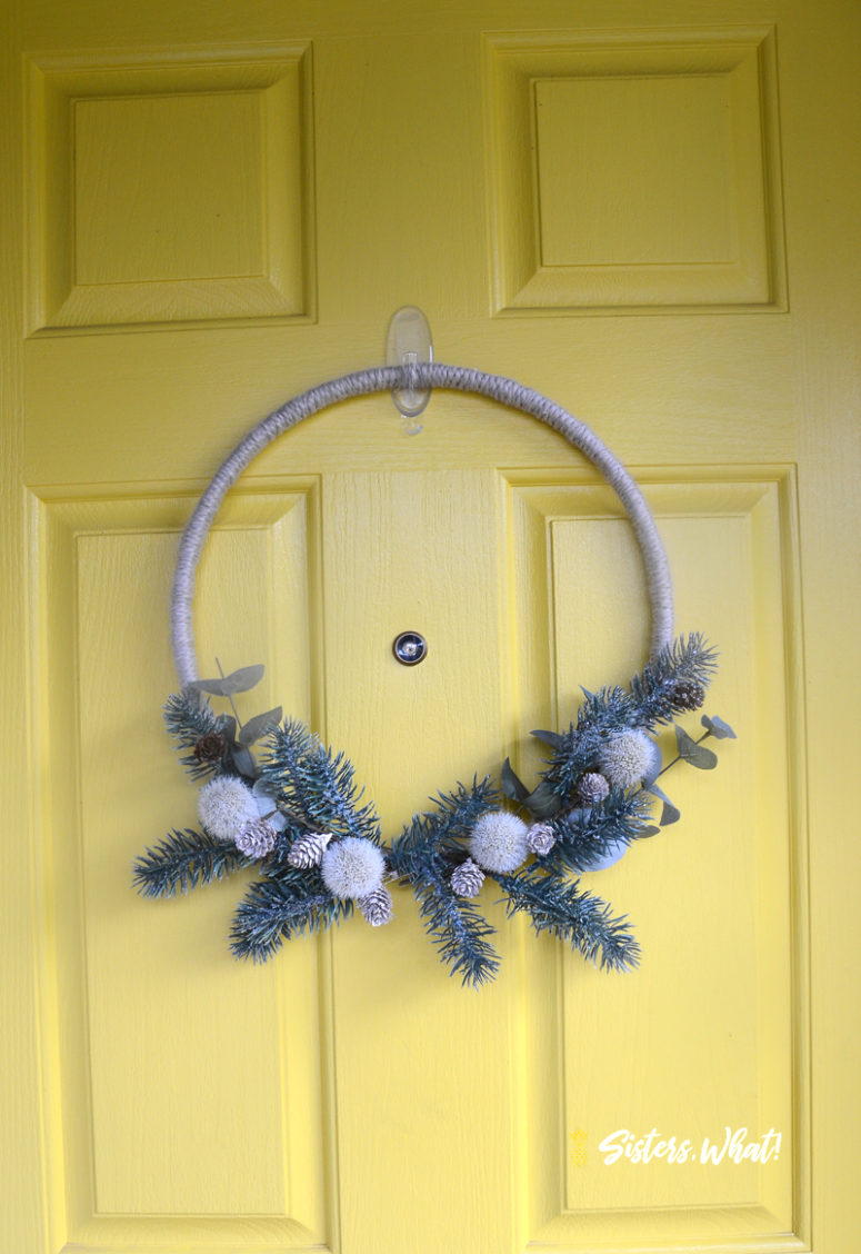 DIY modern Christmas wreath with fake pine, berries, eucalyptus (via www.sisterswhat.com)