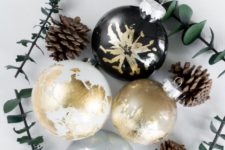 DIYmonochromatic Christmas ornaments with gold leaf