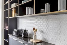 04 white hexagon penny tiles with white grout bring in texture and geometry wthout standing out too much