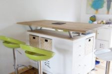 12 Kallax by IKEA turned into a comfy modern kitchen island with storage and a lifted countertop to use as a bar