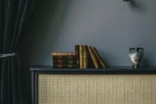 a stylish radiator cover of a black frame with a cane screen turned into a bookshelf with books and some elegant decor
