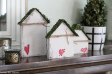 DIY scrap wood nesting houses with hearts for Valentine’s Day decor