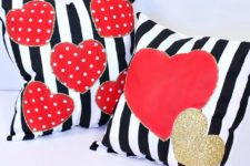 DIY Valentine’s Day pillows with red and gold hearts