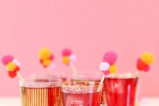 DIY colorful pompom drink stirrers for Valentine’s Day