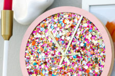 DIY bright confetti clock with pink framing