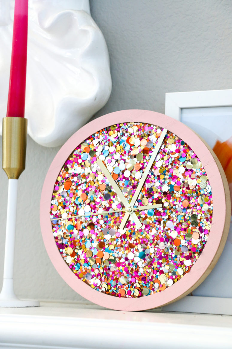 DIY bright confetti clock with pink framing (via akailochiclife.com)