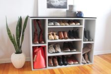 DIY shoe and purse storage of painted plywood