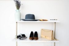 DIY marble contact paper and piping shoe rack