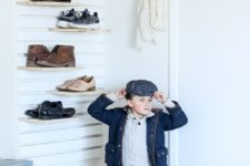 DIY entryway floating shoe shelves and a matching bench
