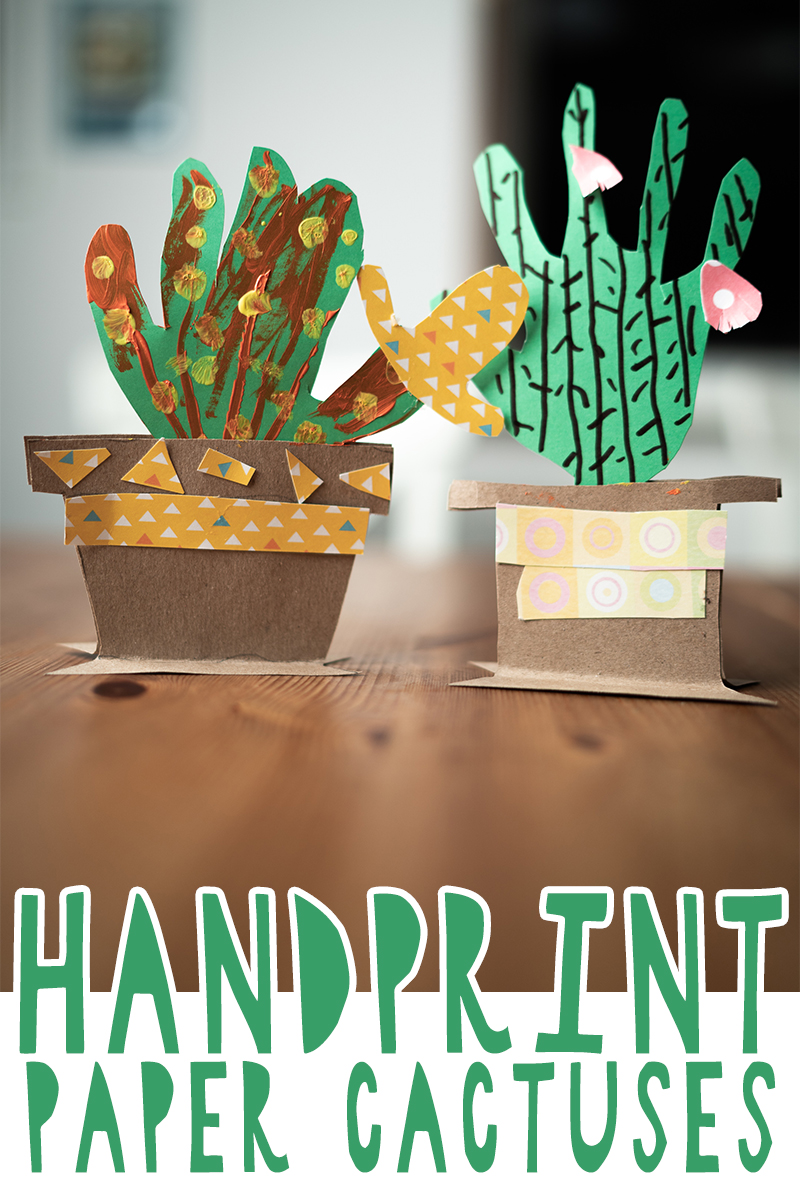 Funny handprint paper cactuses in planters