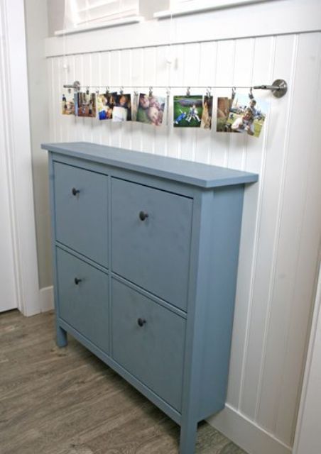 a blue IKEA Hemnes shoe cabinet will give a touch of color to your entryway and make it more chic