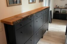 IKEA Hemnes shoe cabinet hack – a piece made of three, pained black and with a living edge countertop is a cool idea