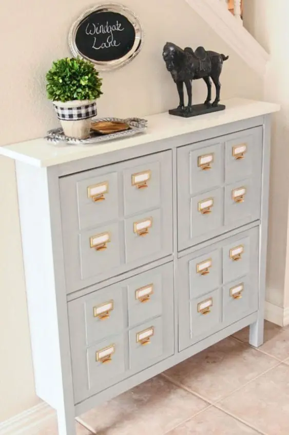 a beautiful IKEA Stall hack with pale blue color, turned into a vintage card cabinet is a lovely idea